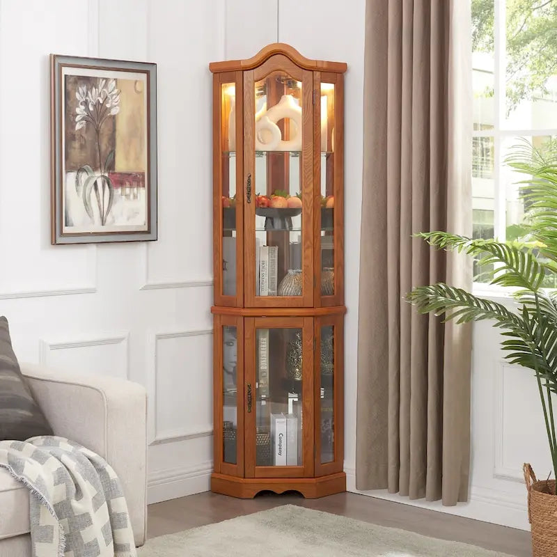 Lighted Corner Curio Cabinet with Tempered Glass Doors and Adjustable Shelves