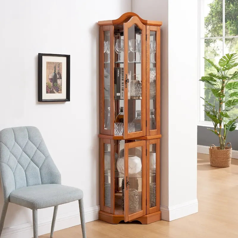 Lighted Corner Curio Cabinet with Tempered Glass Doors and Adjustable Shelves