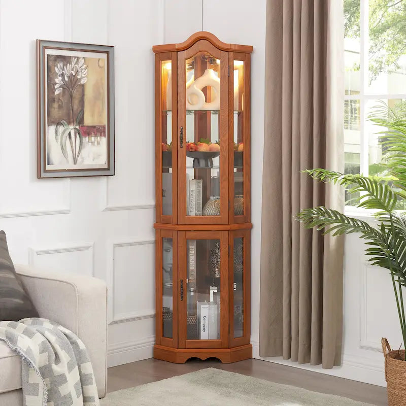 Lighted Corner Curio Cabinet with Tempered Glass Doors and Adjustable Shelves