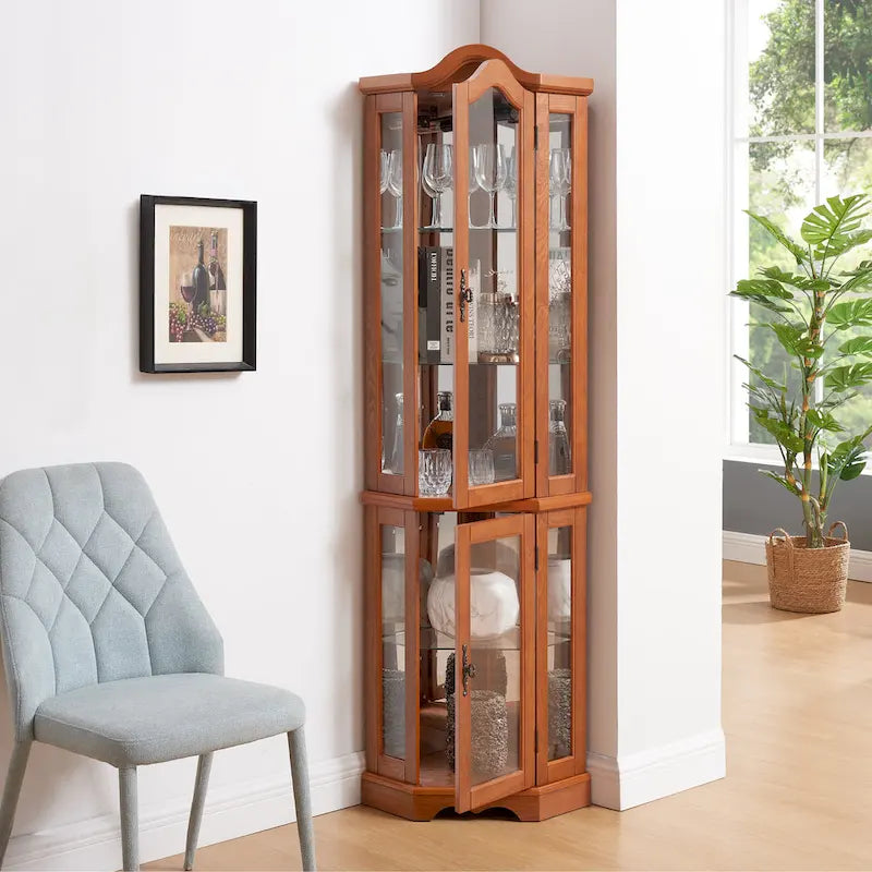 Lighted Corner Curio Cabinet with Tempered Glass Doors and Adjustable Shelves