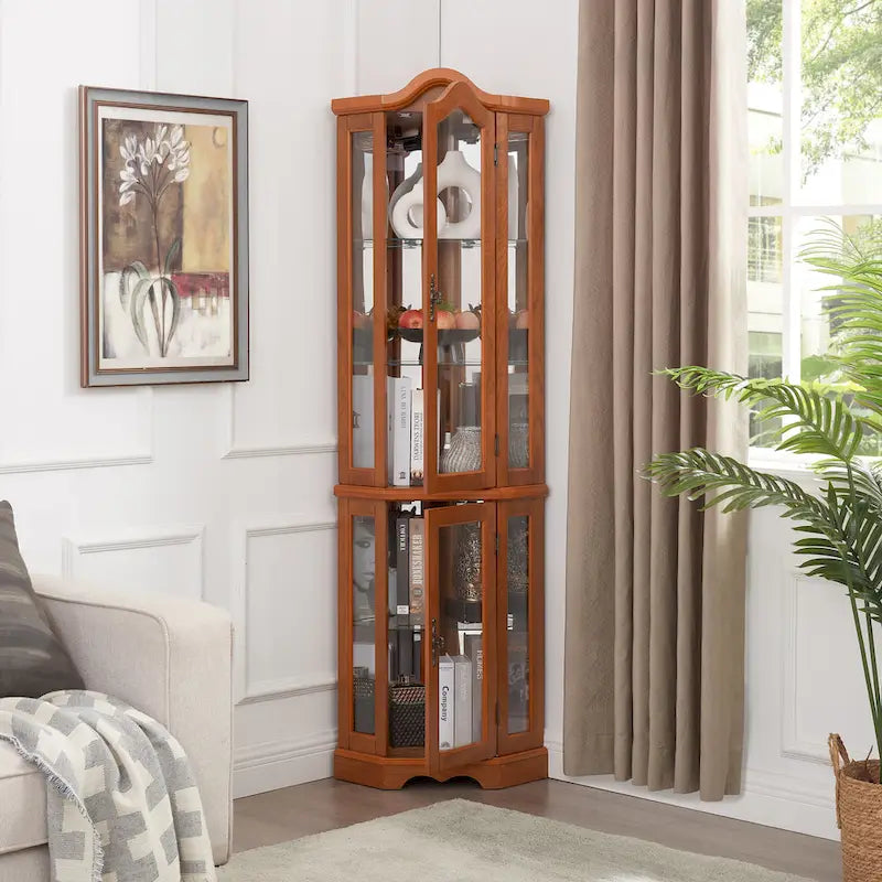 Lighted Corner Curio Cabinet with Tempered Glass Doors and Adjustable Shelves