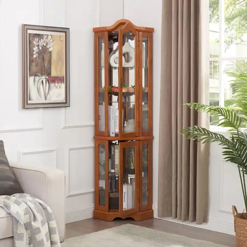 Lighted Corner Curio Cabinet with Tempered Glass Doors and Adjustable Shelves