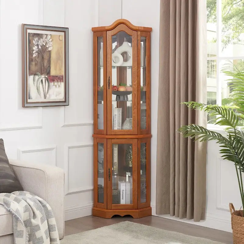 Lighted Corner Curio Cabinet with Tempered Glass Doors and Adjustable Shelves