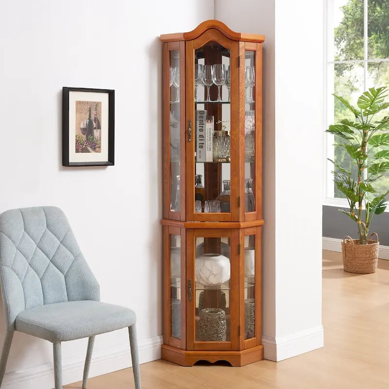 Lighted Corner Curio Cabinet with Tempered Glass Doors and Adjustable Shelves