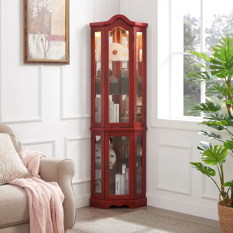 Lighted Corner Curio Cabinet with Tempered Glass Doors and Adjustable Shelves
