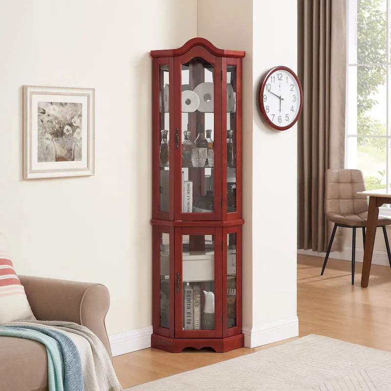 Lighted Corner Curio Cabinet with Tempered Glass Doors and Adjustable Shelves