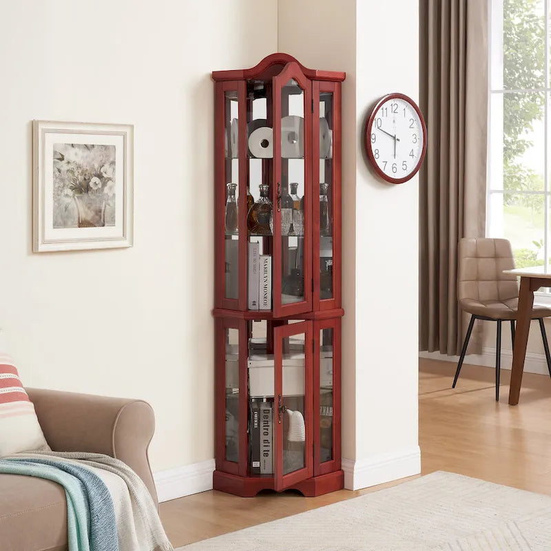 Lighted Corner Curio Cabinet with Tempered Glass Doors and Adjustable Shelves