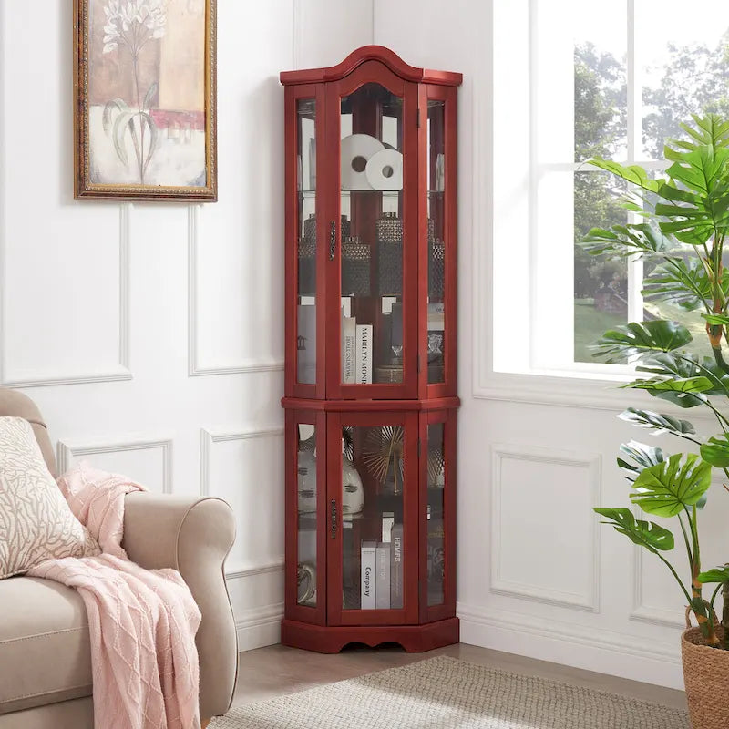 Lighted Corner Curio Cabinet with Tempered Glass Doors and Adjustable Shelves