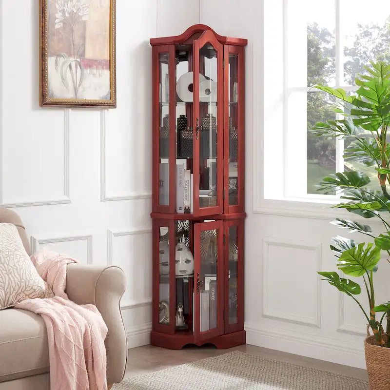 Lighted Corner Curio Cabinet with Tempered Glass Doors and Adjustable Shelves