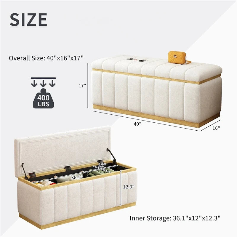 Beige Velvet Upholstered Storage Bench with Gold Base Channel Tufted