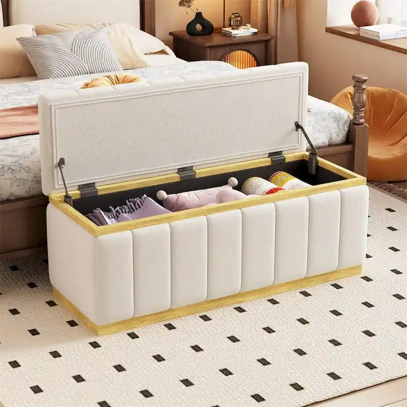 Beige Velvet Upholstered Storage Bench with Gold Base Channel Tufted