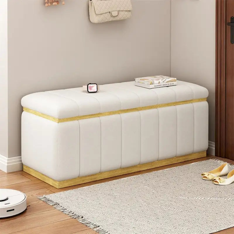 Beige Velvet Upholstered Storage Bench with Gold Base Channel Tufted
