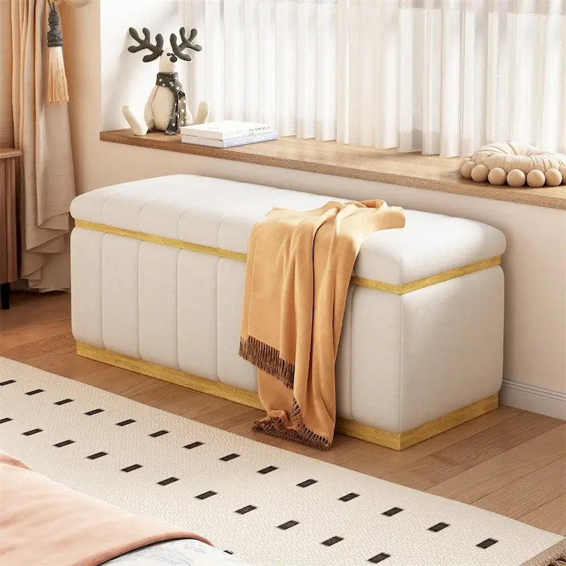 Beige Velvet Upholstered Storage Bench with Gold Base Channel Tufted