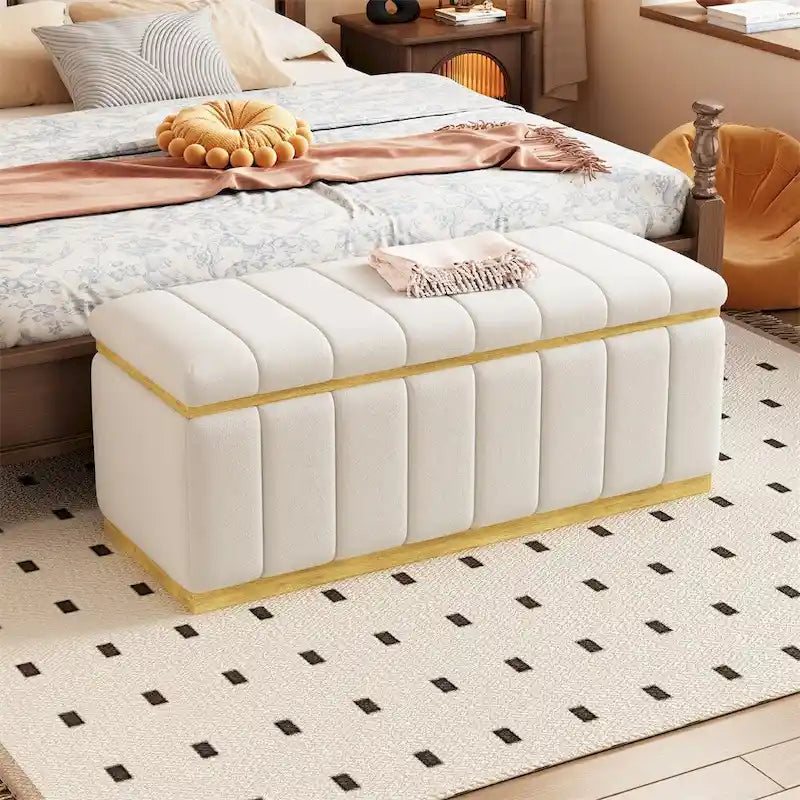 Beige Velvet Upholstered Storage Bench with Gold Base Channel Tufted