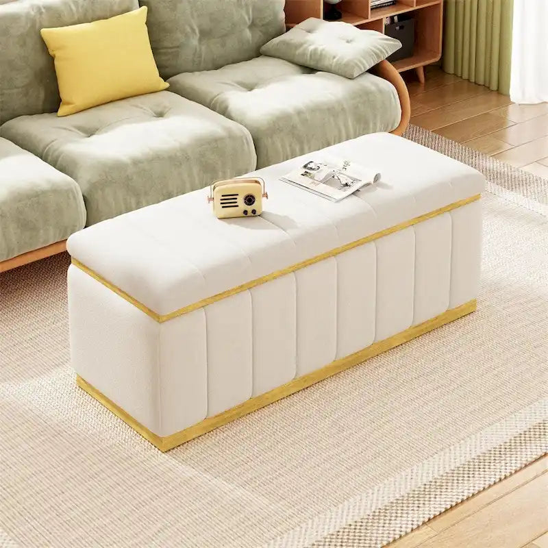 Beige Velvet Upholstered Storage Bench with Gold Base Channel Tufted