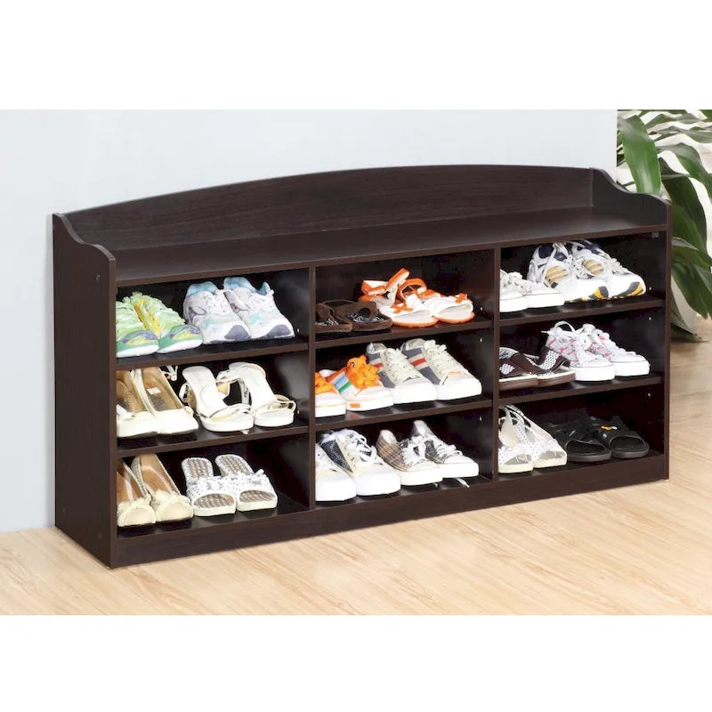 Black Open Shelf Shoe Storage Bench with Nine Compartments Entryway