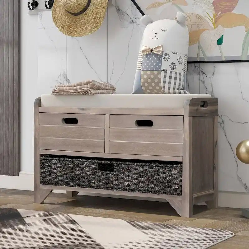 Upholstered Storage Bench with 2 Drawers and Removable Wicker Basket