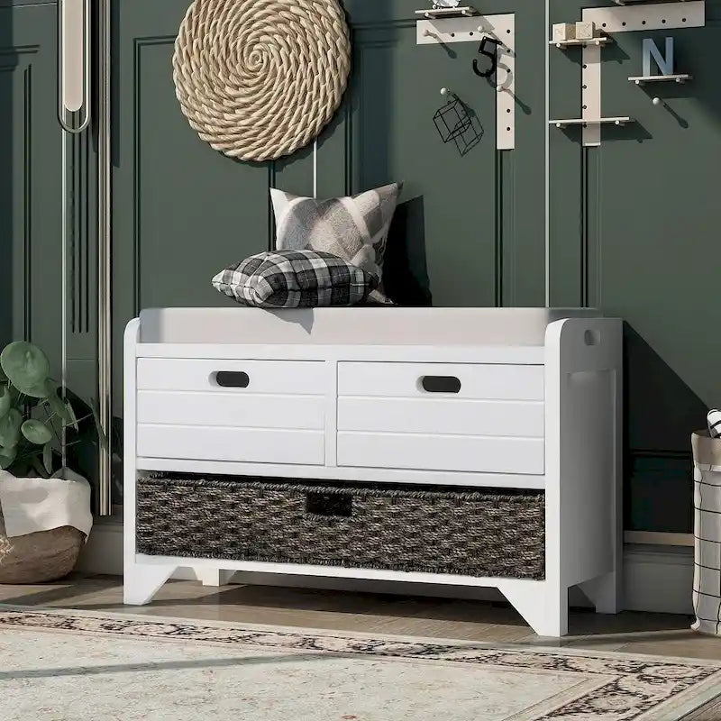 Banc de rangement capitonné avec 2 tiroirs et un panier en osier amovible