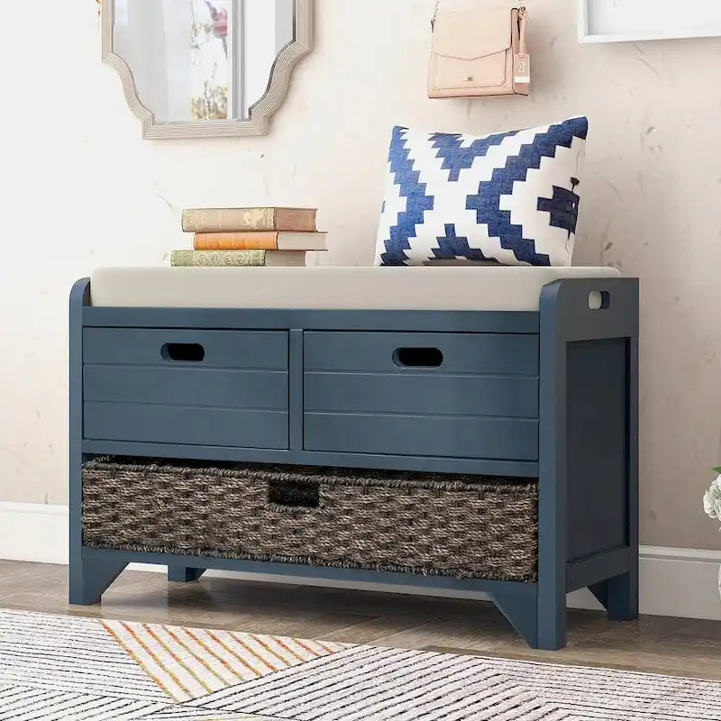 Upholstered Storage Bench with 2 Drawers and Removable Wicker Basket