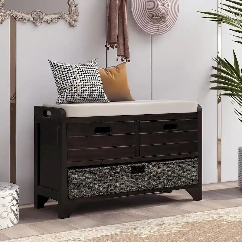 Upholstered Storage Bench with 2 Drawers and Removable Wicker Basket