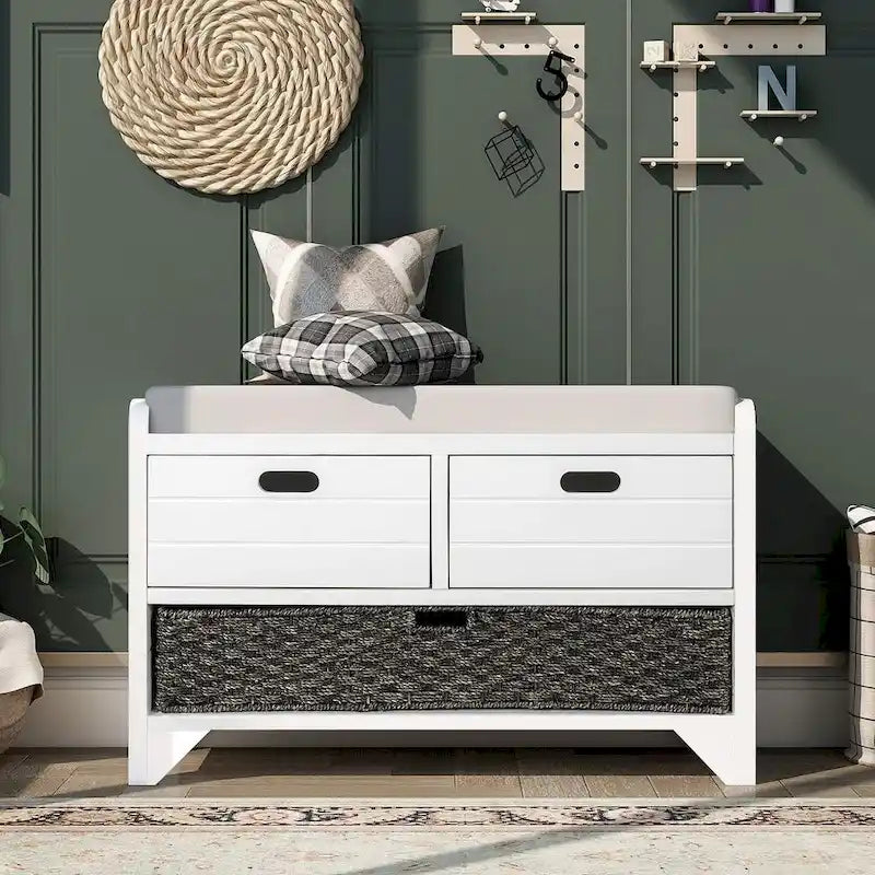 Upholstered Storage Bench with 2 Drawers and Removable Wicker Basket