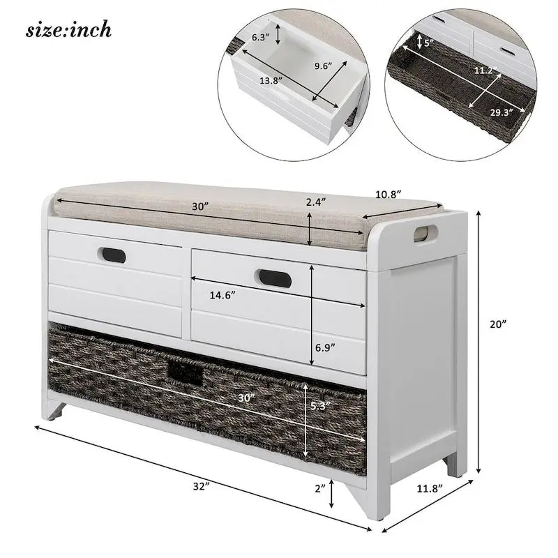 Upholstered Storage Bench with 2 Drawers and Removable Wicker Basket