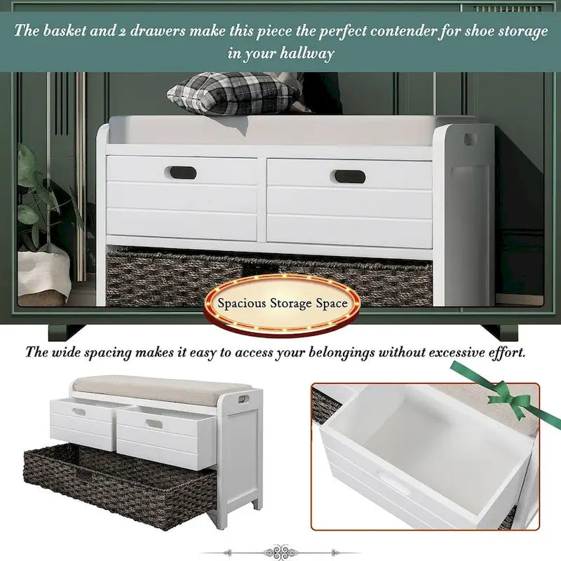 Upholstered Storage Bench with 2 Drawers and Removable Wicker Basket