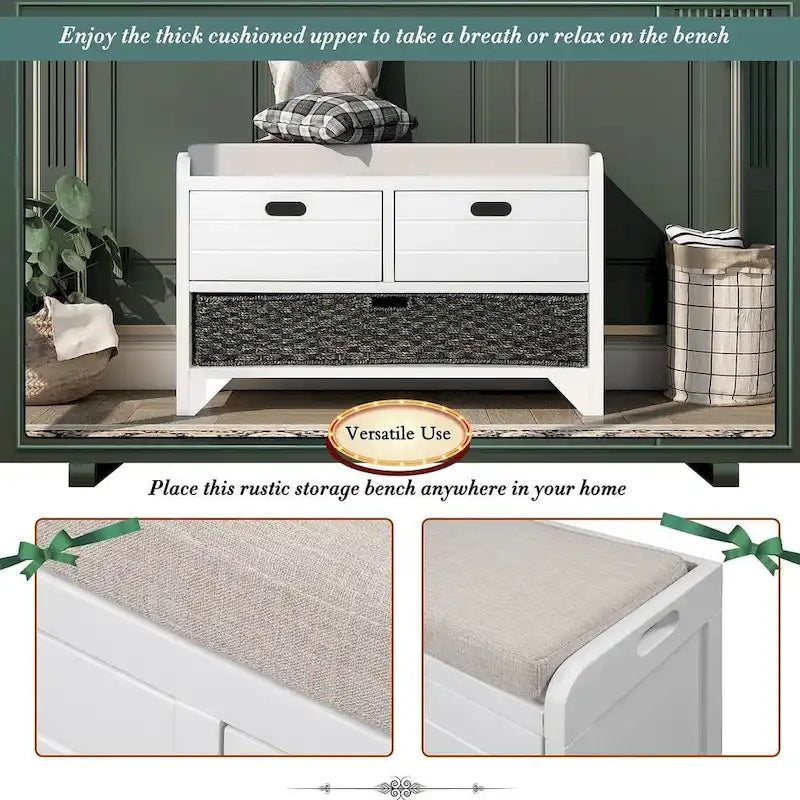Upholstered Storage Bench with 2 Drawers and Removable Wicker Basket
