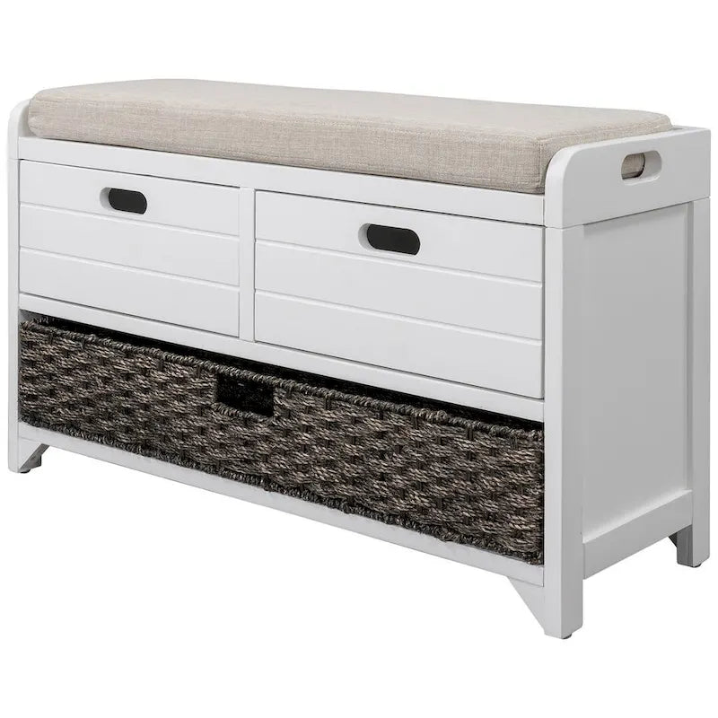 Upholstered Storage Bench with 2 Drawers and Removable Wicker Basket