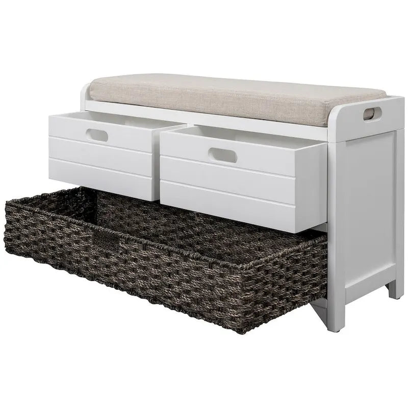 Upholstered Storage Bench with 2 Drawers and Removable Wicker Basket
