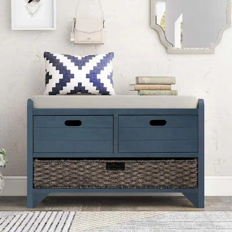 Upholstered Storage Bench with 2 Drawers and Removable Wicker Basket