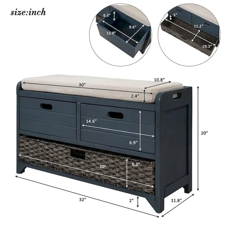Upholstered Storage Bench with 2 Drawers and Removable Wicker Basket