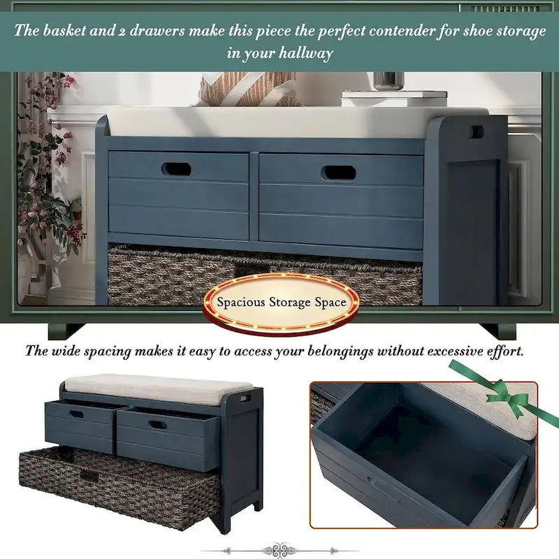 Upholstered Storage Bench with 2 Drawers and Removable Wicker Basket