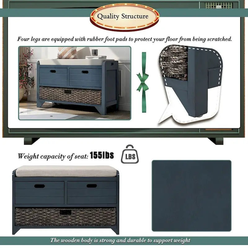 Upholstered Storage Bench with 2 Drawers and Removable Wicker Basket