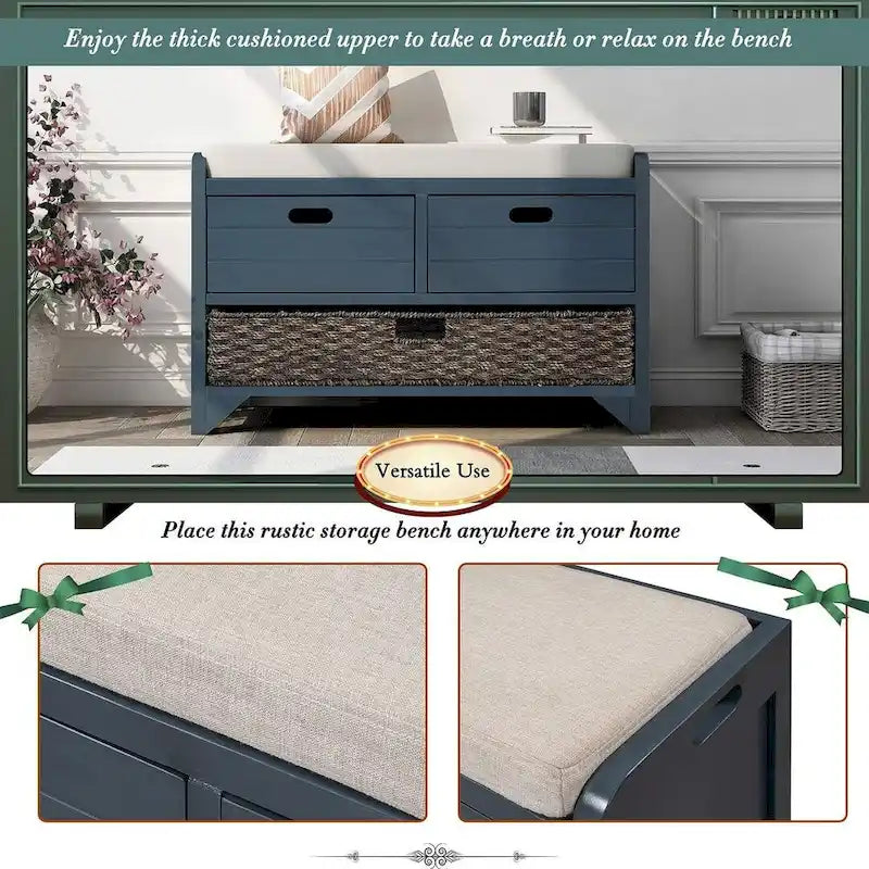Upholstered Storage Bench with 2 Drawers and Removable Wicker Basket
