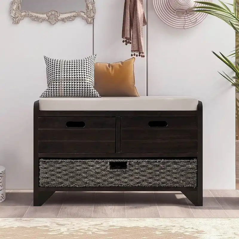 Upholstered Storage Bench with 2 Drawers and Removable Wicker Basket