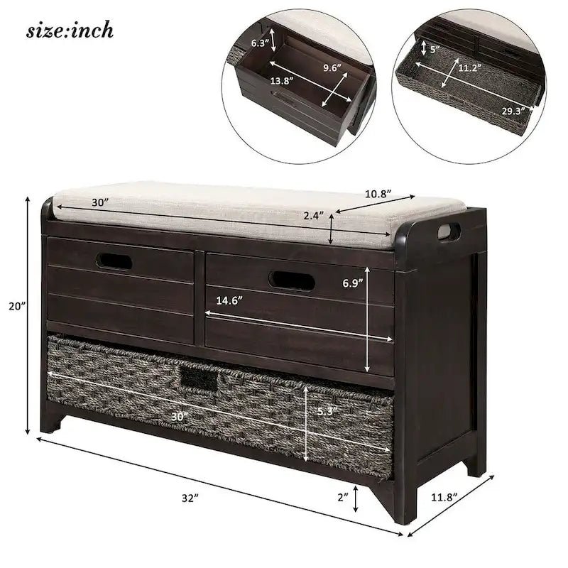 Upholstered Storage Bench with 2 Drawers and Removable Wicker Basket
