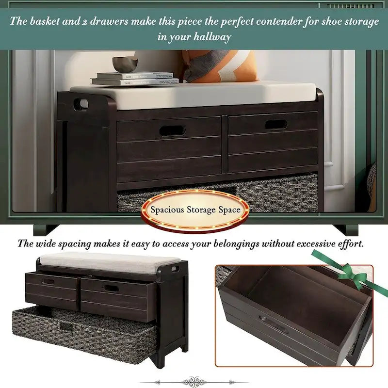 Upholstered Storage Bench with 2 Drawers and Removable Wicker Basket