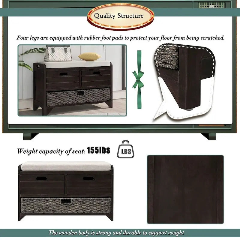Upholstered Storage Bench with 2 Drawers and Removable Wicker Basket