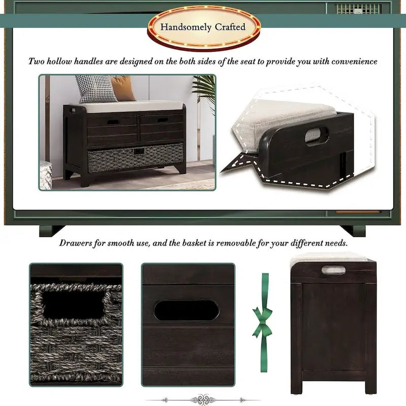 Upholstered Storage Bench with 2 Drawers and Removable Wicker Basket