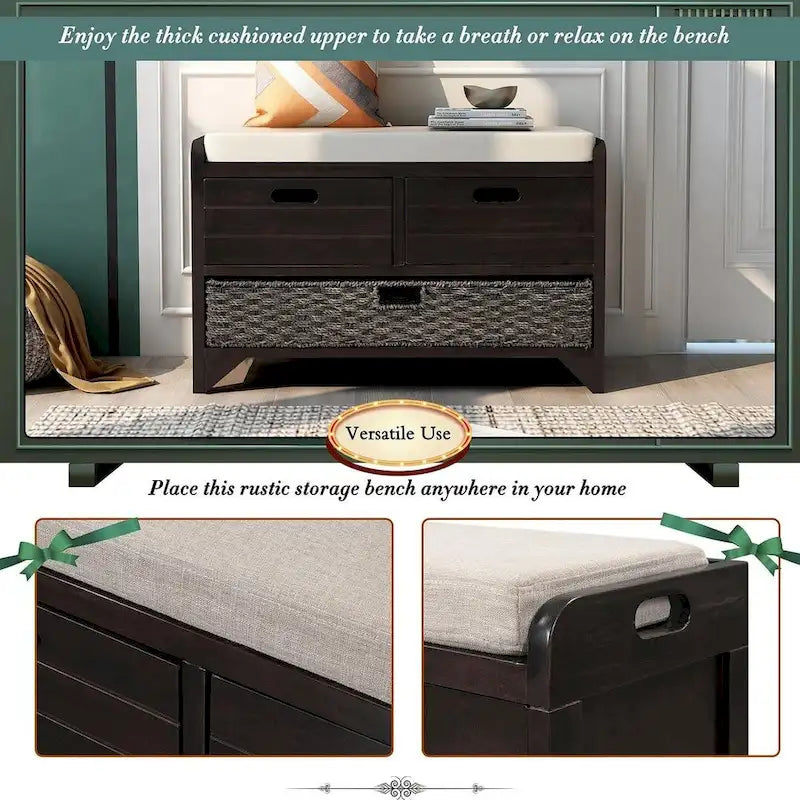 Upholstered Storage Bench with 2 Drawers and Removable Wicker Basket