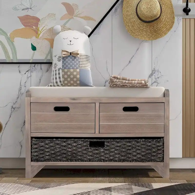 Upholstered Storage Bench with 2 Drawers and Removable Wicker Basket