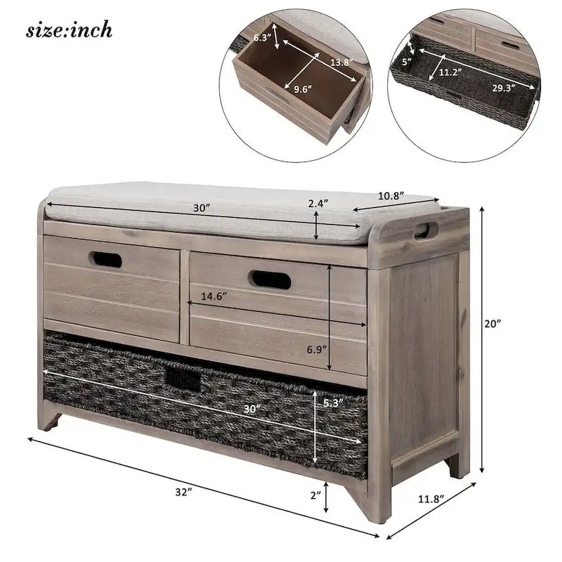 Upholstered Storage Bench with 2 Drawers and Removable Wicker Basket