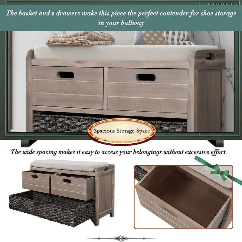 Upholstered Storage Bench with 2 Drawers and Removable Wicker Basket