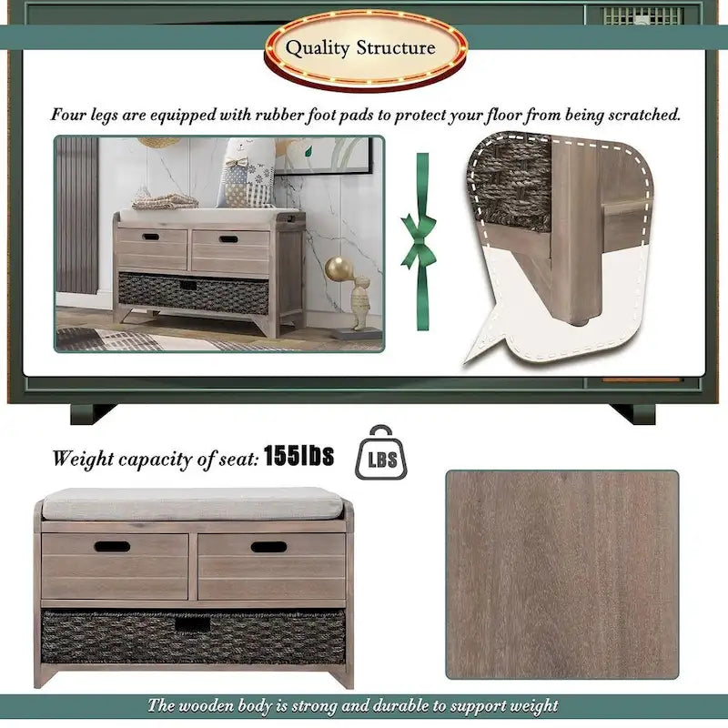 Upholstered Storage Bench with 2 Drawers and Removable Wicker Basket