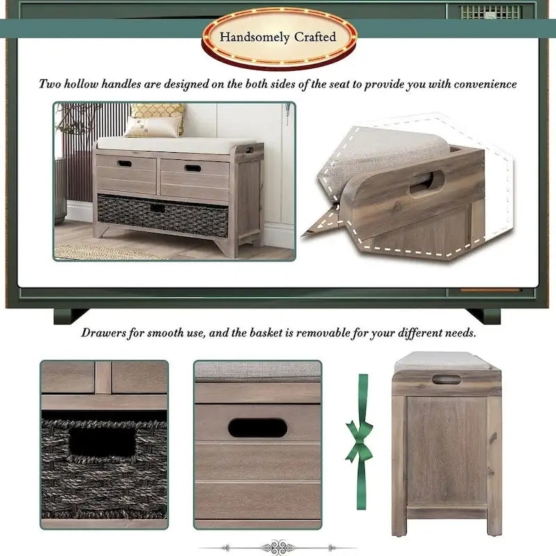 Upholstered Storage Bench with 2 Drawers and Removable Wicker Basket