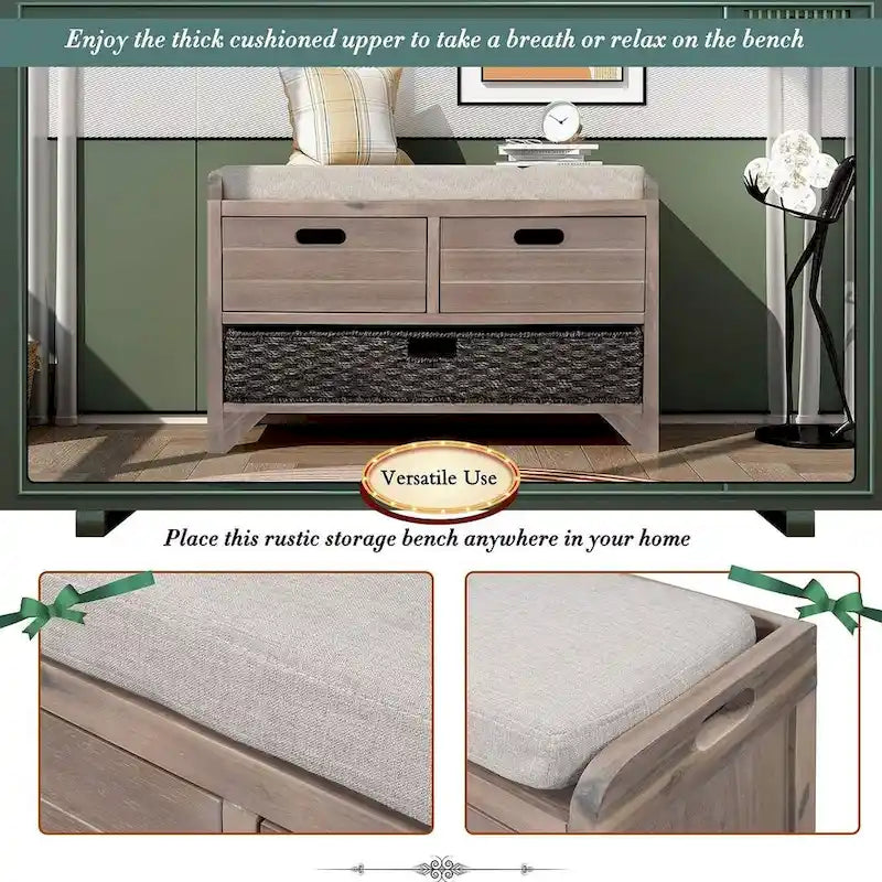 Upholstered Storage Bench with 2 Drawers and Removable Wicker Basket