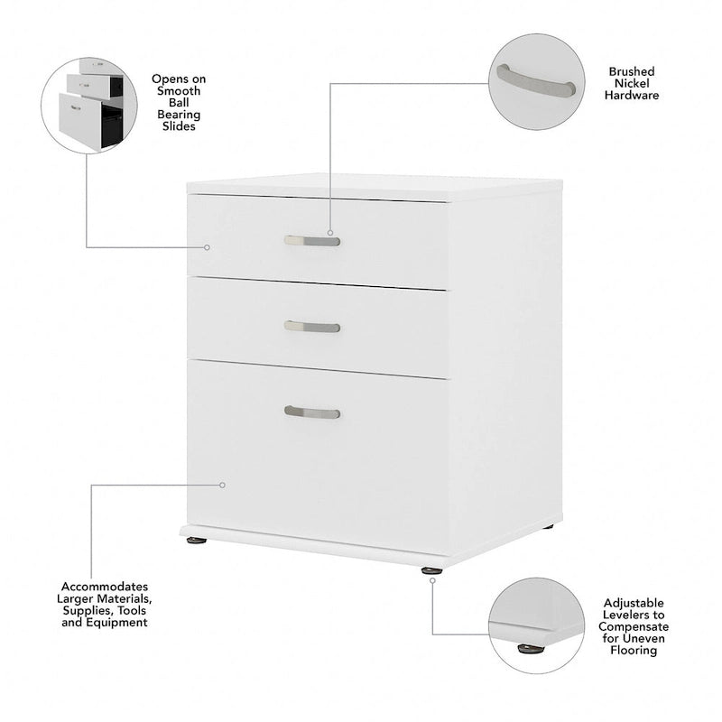 3-Drawer Floor Storage Cabinet with Brushed Nickel Pulls, White