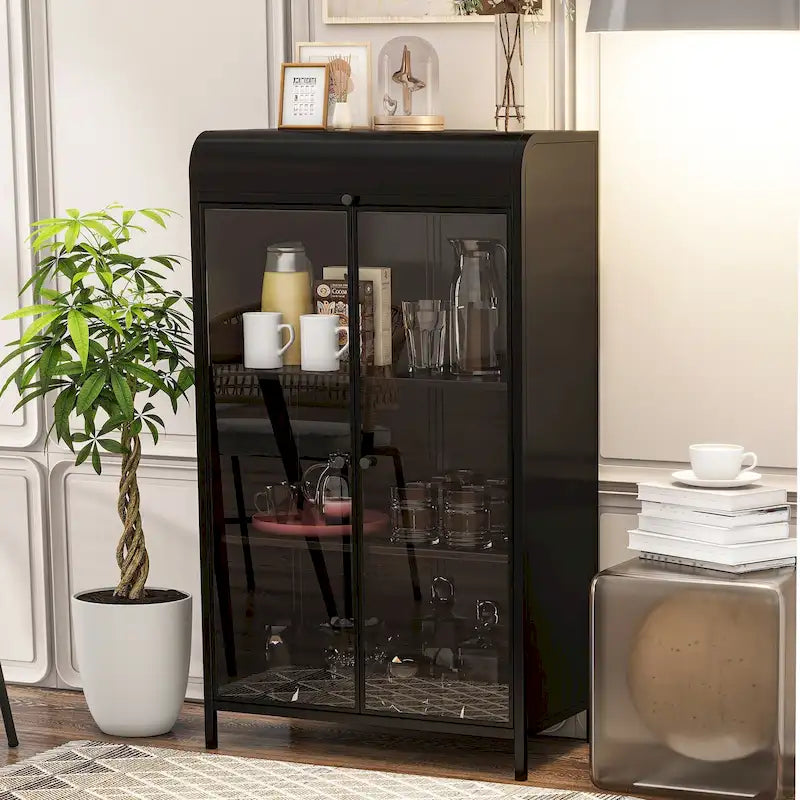 Antique Black Steel Display Cabinet with Tempered Glass Doors and Flip Top