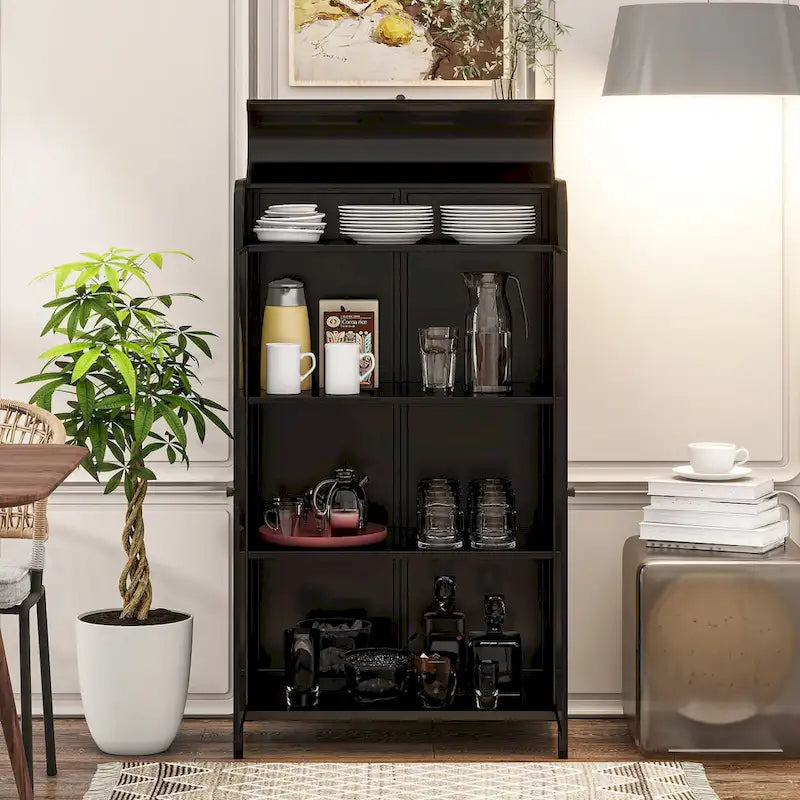 Antique Black Steel Display Cabinet with Tempered Glass Doors and Flip Top